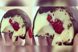 Bombom de morango com brigadeiro branco